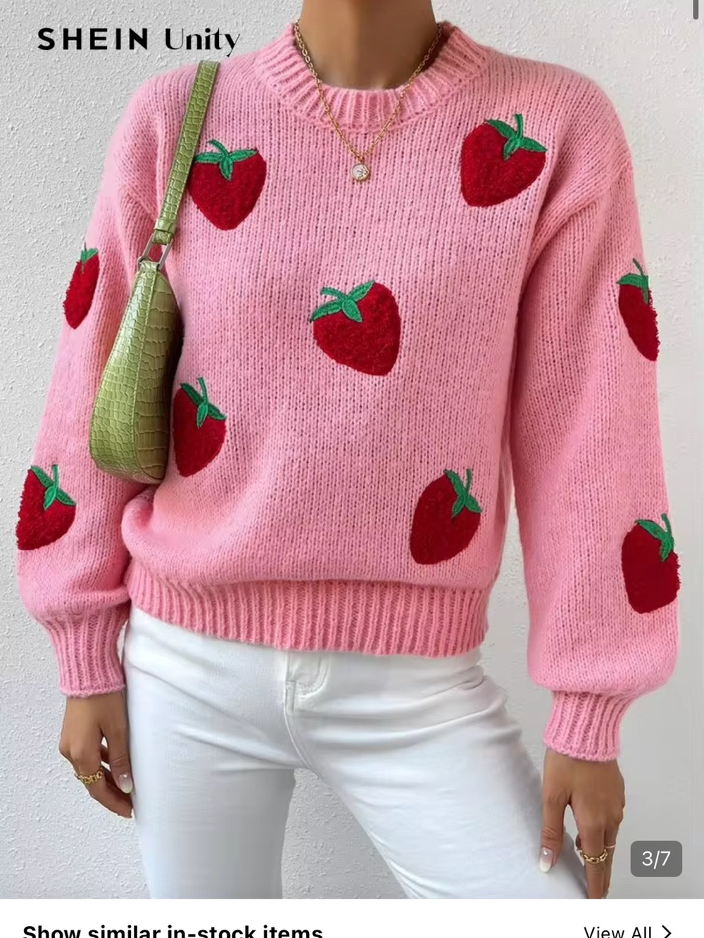 SHEIN Pink Strawberry Embroidered Knit Drop Shoulder Sweater Small